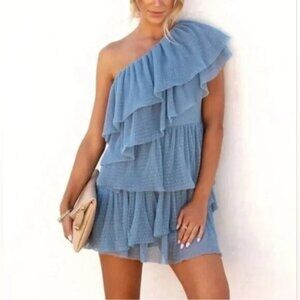 One-Shoulder Blue Ruffle Dress